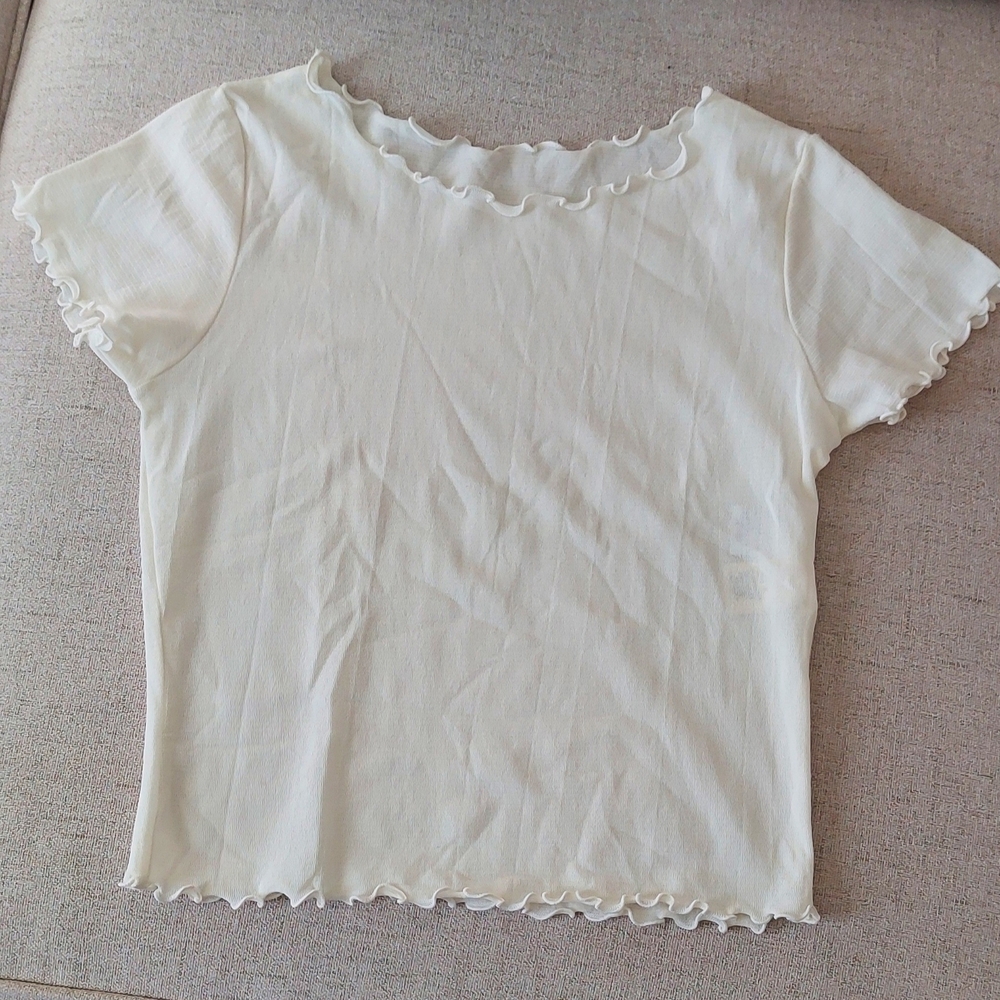 Elegant Stretchy Ivory Meshy Ruffle Trim Tee